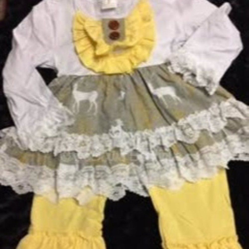 Yellow & Grey Deer Dress and Ruffle Pant Set  YGDP    NWT Boutique